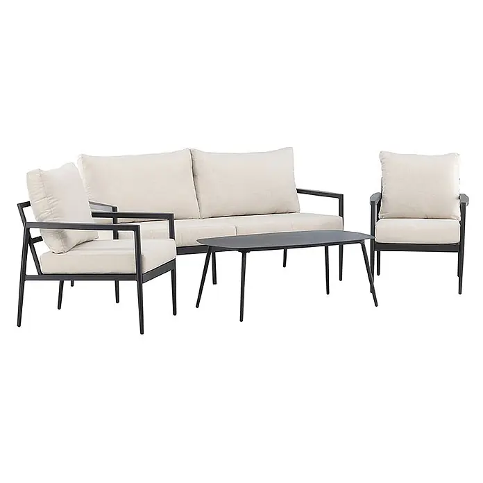 Ebuy24 Loungemöbel-Set Taromina - 4 -tlg., Aluminium, Schwarz - Outdoor-Sitzgruppe mit dunkelgrauen Gestellen, hellbeigen Polstern und einem passenden ovalen Couchtisch.