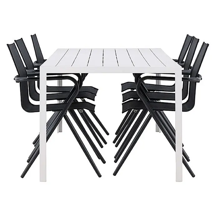Ebuy24 Gartentisch-Set Break - Gesamtumfang: 7 -tlg., L x B x H: 205 x 90 x 75 cm, Ø x H: 90 x 75 cm, Aintwood Aluminium Textil, Stapelbar - Weißer Lamellen-Esstisch mit sechs schwarzen stapelbaren Stühlen ordentlich darunter verstaut.