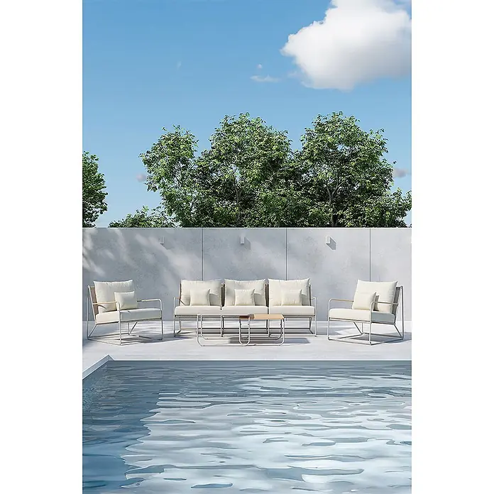 Ebuy24 Loungemöbel-Set Palazzo - 5 -tlg., Stahl, Beige - Outdoor-Lounge-Set mit hellen Polstern und Gestellen auf einer Terrasse am Pool, bestehend aus Sofa, zwei Sesseln und Couchtisch.