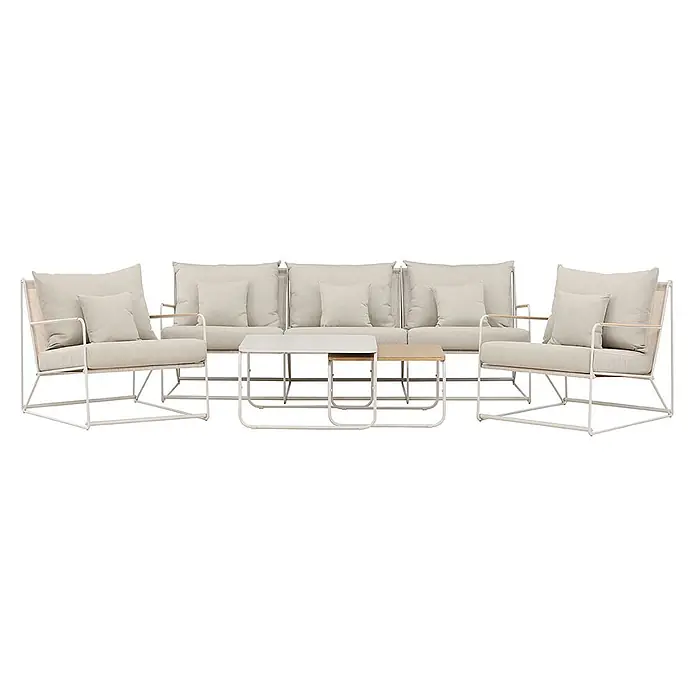 Ebuy24 Loungemöbel-Set Palazzo - 5 -tlg., Stahl, Beige - Outdoor-Lounge-Set: zwei Stühle, ein Sofa und zwei Beistelltische mit hellen Stoffpolstern, weißen Gestellen und Holzdetails.