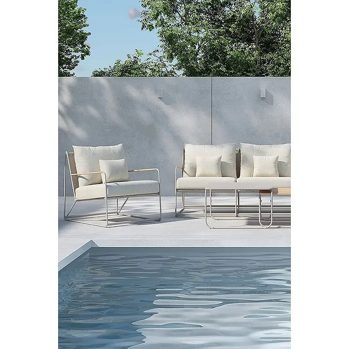 Ebuy24 Loungemöbel-Set Palazzo - 5 -tlg., Stahl, Beige - Outdoor-Lounge-Set mit beigen Kissen und hellen Metallrahmen am Pool.