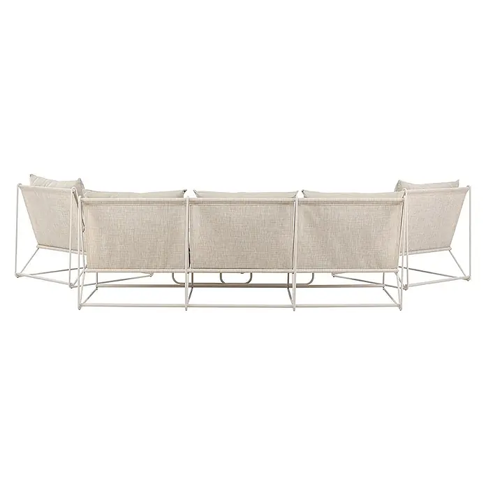 Ebuy24 Loungemöbel-Set Palazzo - 5 -tlg., Stahl, Beige - Rückansicht eines modularen Outdoor-Sofas mit beigefarbenem Stoffbezug und Kissen auf weißem Metallrahmen.