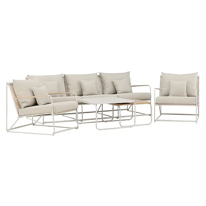 Ebuy24 Loungemöbel-Set Palazzo - 5 -tlg., Stahl, Beige - Gartenlounge-Set mit weißen Metallrahmen, hellbeigen Kissen und Holzarmlehnen. Besteht aus Sofa, Sessel und Beistelltischen.