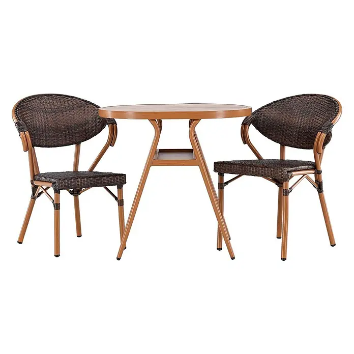 Ebuy24 Gartentisch-Set Abrantes - Gesamtumfang: 3 -tlg., L x B x H: 80 x 80 x 74 cm, Ø x H: 80 x 74 cm, Aluminium, Stapelbar - Bistro-Set mit zwei Stühlen und rundem Tisch. Dunkelbraunes Rattan, hellbrauner Rahmen mit Ablage.