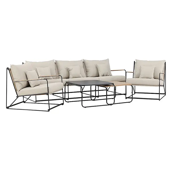 Ebuy24 Loungemöbel-Set Palazzo - 5 -tlg., Stahl, Schwarz - Outdoor-Lounge-Set mit schwarzem Metallgestell, beigefarbenen Kissen, hellen Holzarmlehnen und zwei Beistelltischen.