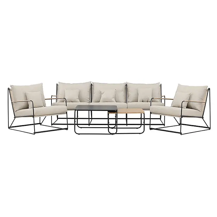 Ebuy24 Loungemöbel-Set Palazzo - 5 -tlg., Stahl, Schwarz - Helle beige Outdoor-Lounge-Sitzgruppe mit schwarzem Metallrahmen und Holzdetails, bestehend aus zwei Sesseln, einem Sofaelement und zwei Beistelltischen.