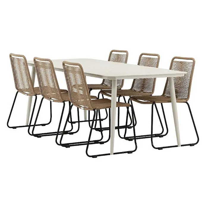 Ebuy24 Gartentisch-Set Lina - Gesamtumfang: 7 -tlg., L x B x H: 90 x 200 x 75 cm, Ø x H: 90 x 75 cm, Aluminium, Stapelbar - Essgruppe mit weißem rechteckigem Tisch und sechs Stühlen mit beigen geflochtenen Seilsitzen und schwarzen Metallgestellen.