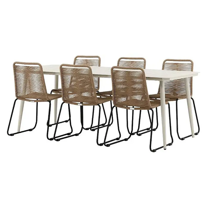 Ebuy24 Gartentisch-Set Lina - Gesamtumfang: 7 -tlg., L x B x H: 90 x 200 x 75 cm, Ø x H: 90 x 75 cm, Aluminium, Stapelbar - Gartensitzgruppe mit hellem, rechteckigem Tisch und sechs Stühlen mit beigefarbenen geflochtenen Seilen auf schwarzen Metallrahmen.