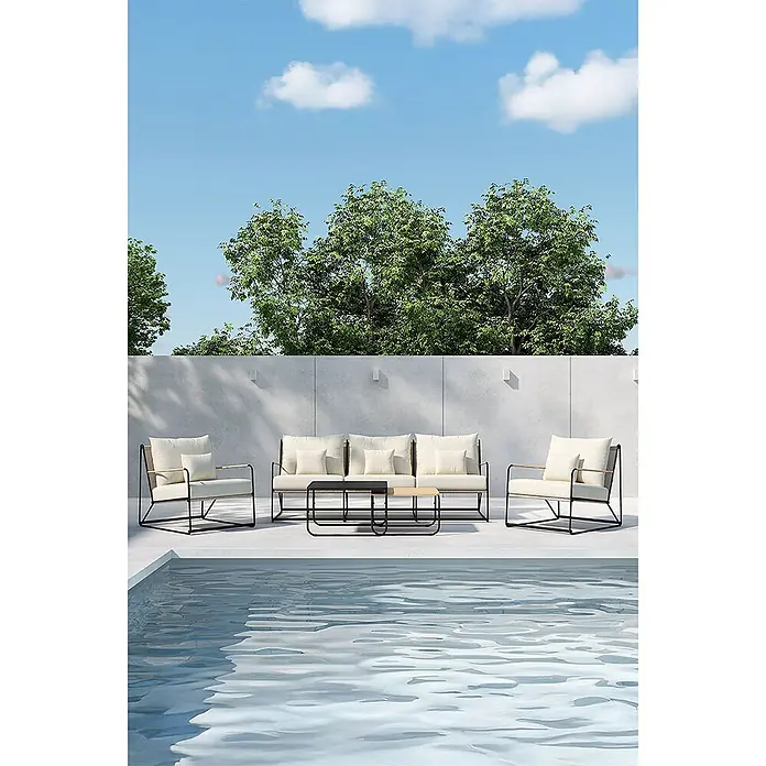 Ebuy24 Loungemöbel-Set Palazzo - 5 -tlg., Stahl, Schwarz - Outdoor-Möbelset mit schwarzen Gestellen, cremefarbenen Polstern und Couchtisch, am Pool an einem sonnigen Tag.