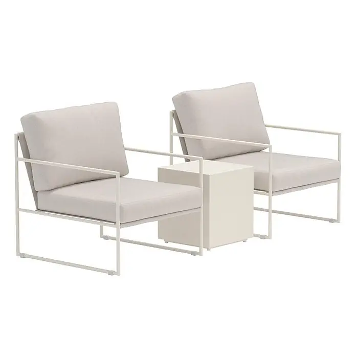 Ebuy24 Loungemöbel-Set Lissabon - 4 -tlg., Aluminium, Beige - Zwei hellbeige Sessel mit Metallgestellen und ein passender, quaderförmiger Beistelltisch bilden eine moderne Lounge-Gruppe.