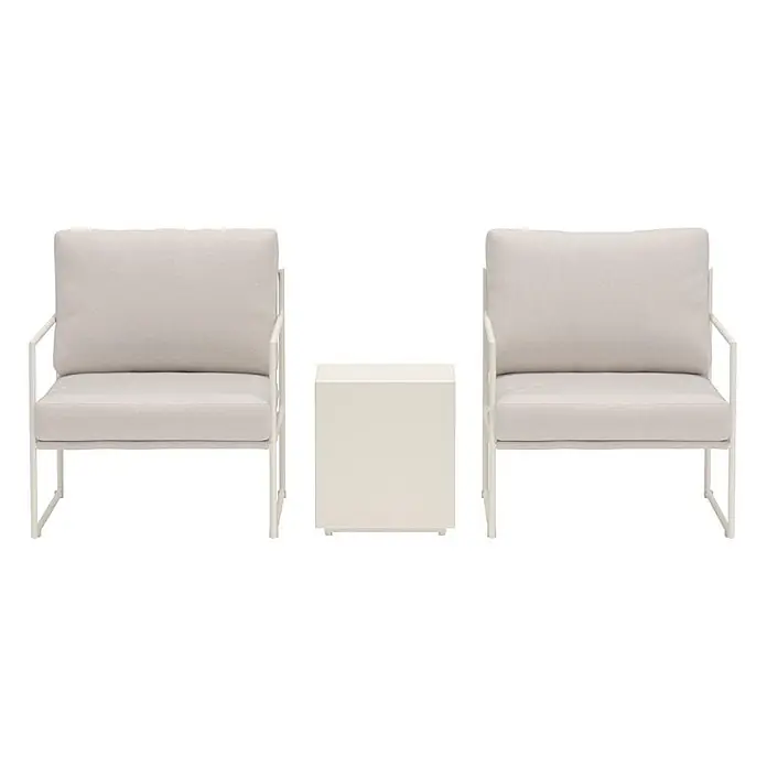 Ebuy24 Loungemöbel-Set Lissabon - 4 -tlg., Aluminium, Beige - Modernes Outdoor-Lounge-Set: zwei weiße Metallrahmen-Sessel mit hellbeigen Kissen und ein passender weißer Beistelltisch.