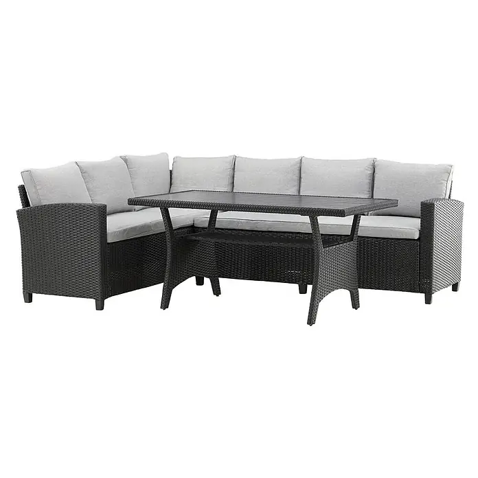 Ebuy24 Loungemöbel-Set Brentwood - 2 -tlg., Holz Korbmöbel Polyester, Schwarz - Dunkelgraues L-förmiges Rattan-Loungesofa mit hellgrauen Kissen und passendem rechteckigem Tisch mit Ablage.