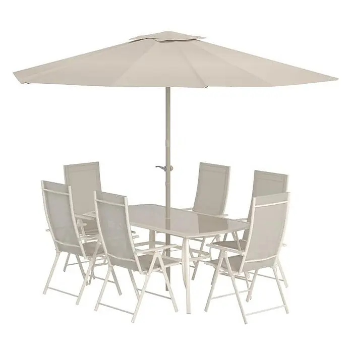 Ebuy24 Gartentisch-Set Brekki - Gesamtumfang: 7 -tlg., L x B x H: 90 x 150 x 73 cm, Ø x H: 90 x 73 cm, Glas, Stapelbar - Beiges Outdoor-Esstischset mit rechteckigem Tisch, 6 Stühlen und großem Sonnenschirm.