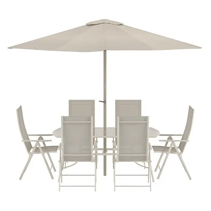 Ebuy24 Gartentisch-Set Brekki - Gesamtumfang: 7 -tlg., L x B x H: 90 x 150 x 73 cm, Ø x H: 90 x 73 cm, Glas, Stapelbar - Beigefarbenes Terrassen-Essgruppe mit Tisch, sechs Stühlen und großem Sonnenschirm für den Außenbereich.