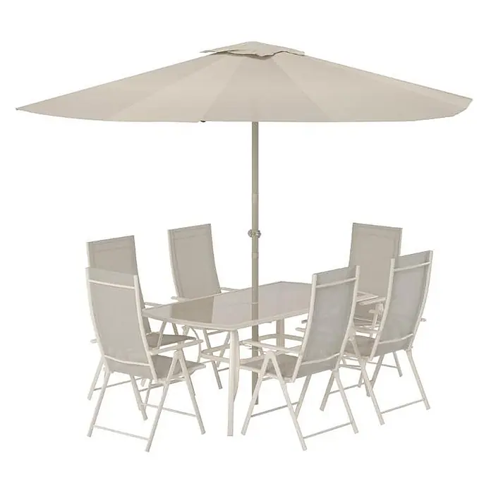 Ebuy24 Gartentisch-Set Brekki - Gesamtumfang: 7 -tlg., L x B x H: 90 x 150 x 73 cm, Ø x H: 90 x 73 cm, Glas, Stapelbar - Beige Outdoor-Essgruppe mit Glastisch, sechs Stühlen und Sonnenschirm.
