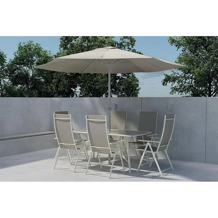 Ebuy24 Gartentisch-Set Brekki - Gesamtumfang: 7 -tlg., L x B x H: 90 x 150 x 73 cm, Ø x H: 90 x 73 cm, Glas, Stapelbar - Outdoor-Essgruppe für die Terrasse mit quadratischem Tisch, sechs hellbeigen Stühlen und passendem großen beigen Sonnenschirm.