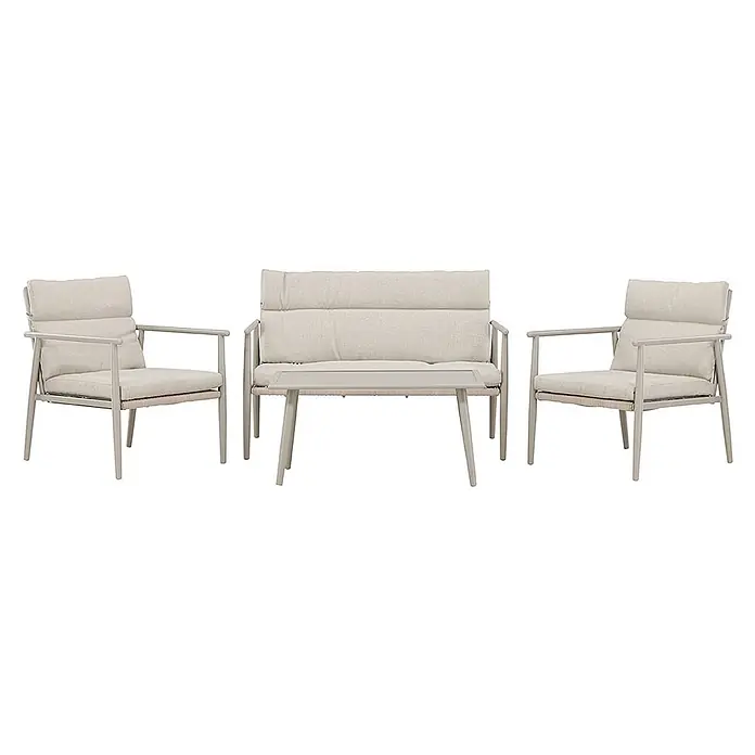 Ebuy24 Loungemöbel-Set Mazzaro - 4 -tlg., Stahl, Beige - Helles graues Metall-Outdoor-Lounge-Set mit zwei Sesseln, einem Zweisitzer mit integriertem Tisch und beigen Kissen.