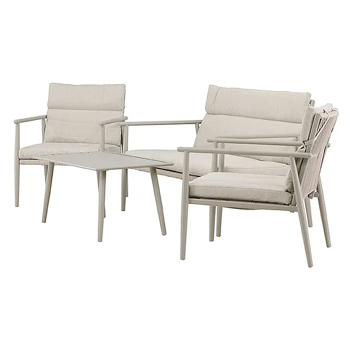 Ebuy24 Loungemöbel-Set Mazzaro - 4 -tlg., Stahl, Beige - Helles graues Outdoor-Lounge-Set mit zwei Sesseln, cremefarbenen Kissen und einem Beistelltisch.