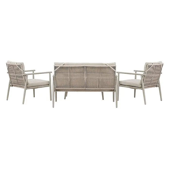 Ebuy24 Loungemöbel-Set Mazzaro - 4 -tlg., Stahl, Beige - Outdoor-Lounge-Set mit zwei Sesseln und einem Zweisitzer-Sofa, hellbeige Seilgeflecht-Rückenlehnen, passenden Kissen und hellgrauem Metallrahmen.