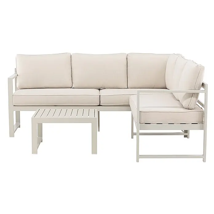 Ebuy24 Loungemöbel-Set Salvador - 2 -tlg., Aluminium, Beige - Helles graues Metall-Gartensofa mit cremefarbenen Kissen und passendem Couchtisch.