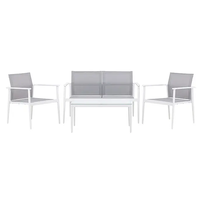 Ebuy24 Loungemöbel-Set Break - 4 -tlg., Aluminium, Weiß - Weißes Aluminium Outdoor-Loungeset mit zwei Sesseln und einem Zweisitzer-Sofa mit integriertem Glastisch, grauer Mesh-Sitzfläche.