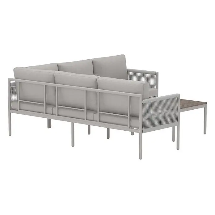 Ebuy24 Loungemöbel-Set Kos - 2 -tlg., Nonwood, Beige - Hellgraues Outdoor-Ecksofa mit geflochtenen Details, grauen Kissen und integriertem Beistelltisch mit Holzplatte.