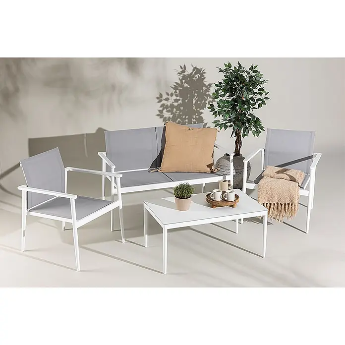 Ebuy24 Loungemöbel-Set Break - 4 -tlg., Aluminium, Weiß - Weißes Aluminium-Gartenloungeset mit grauem Textilene-Sofa, zwei Sesseln und Couchtisch, für Entspannung arrangiert.
