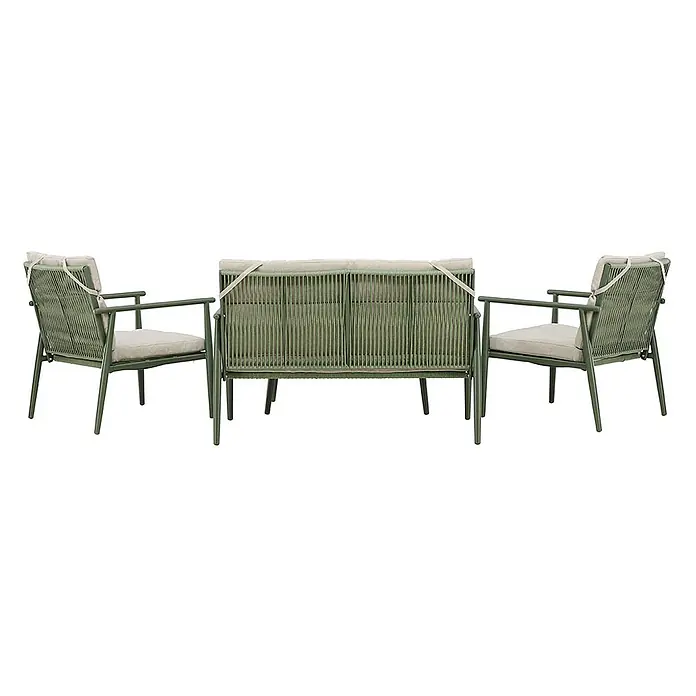 Ebuy24 Loungemöbel-Set Mazzaro - 4 -tlg., Stahl, Grün - Grüne Outdoor-Lounge-Sitzgruppe mit zwei Sesseln und einem Zweisitzer, mit geflochtenen Seilrückenlehnen und hellbeigen Kissen.