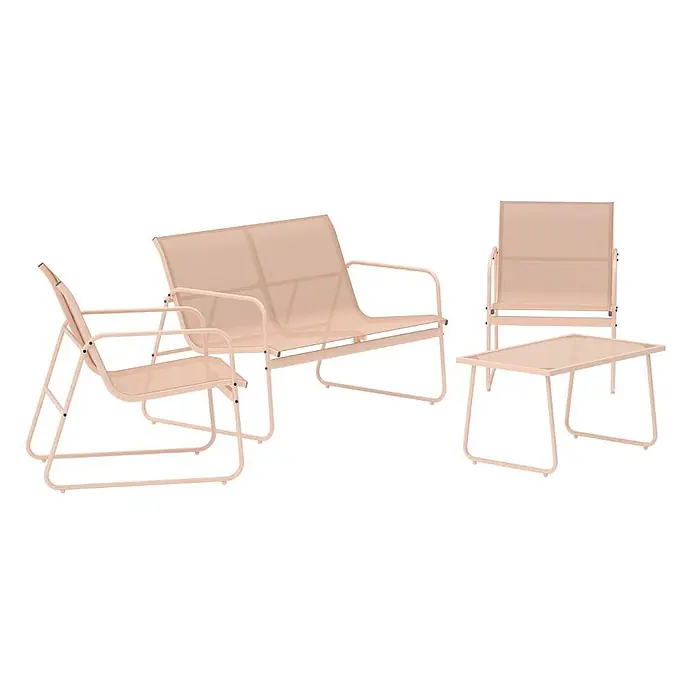 Ebuy24 Loungemöbel-Set Scopello - 4 -tlg., Stahl, Beige - Helles rosa Gartenmöbel-Set aus Metall und Netzgewebe mit einem Stuhl, einem Zweisitzer-Sofa und einem rechteckigen Couchtisch mit Glasplatte.