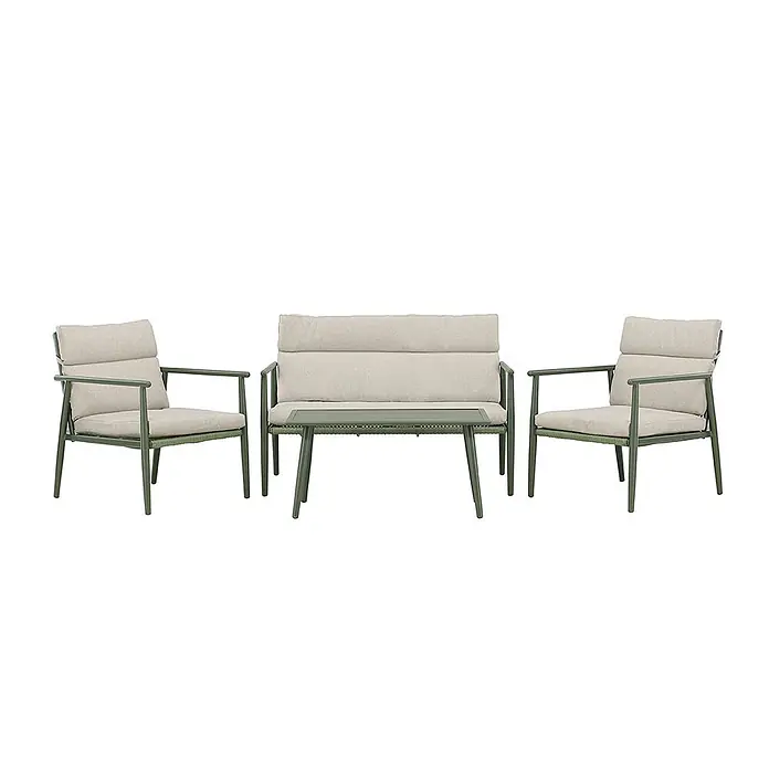 Ebuy24 Loungemöbel-Set Mazzaro - 4 -tlg., Stahl, Grün - Grüne Metall-Gartenloungegarnitur mit zwei Sesseln, einem Zweisitzer-Sofa und einem Couchtisch, alle mit beigen Polstern.