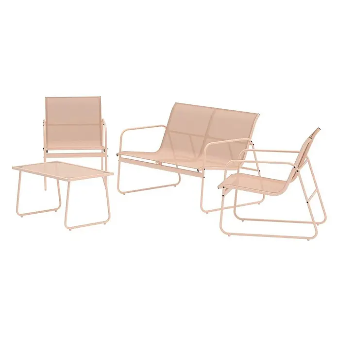 Ebuy24 Loungemöbel-Set Scopello - 4 -tlg., Stahl, Beige - Hellpfirsichfarbenes Outdoor-Möbelset aus Metall mit Netzstoff: Couchtisch, zwei Stühle und eine Zweisitzerbank.