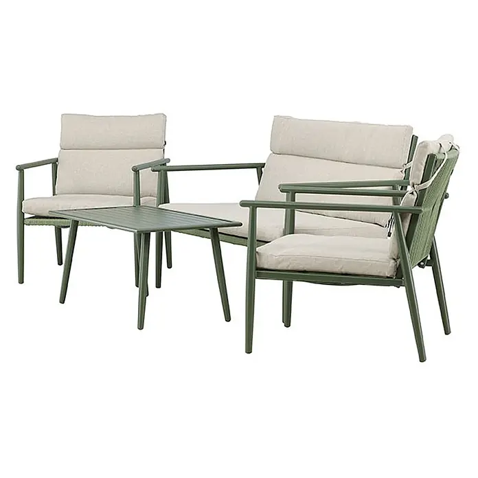 Ebuy24 Loungemöbel-Set Mazzaro - 4 -tlg., Stahl, Grün - Grünes Metall-Gartenmöbelset mit zwei Sesseln und einem kleinen Tisch, hellbeigen Kissen und geflochtenen Details.