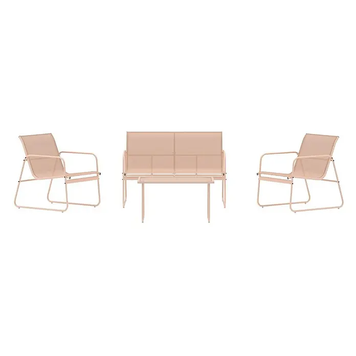 Ebuy24 Loungemöbel-Set Scopello - 4 -tlg., Stahl, Beige - Pfirsichfarbene Outdoor-Lounge-Gruppe mit zwei Sesseln, einer Dreisitzerbank und einem Couchtisch aus Metall und Netzgewebe.