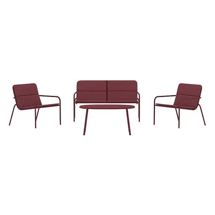 Ebuy24 Loungemöbel-Set Fourni - 2 -tlg., Stahl, Bordeaux - Burgunderfarbenes Gartenmöbel-Set: zwei Sessel, ein Zweisitzer-Sofa und ein ovaler Couchtisch.