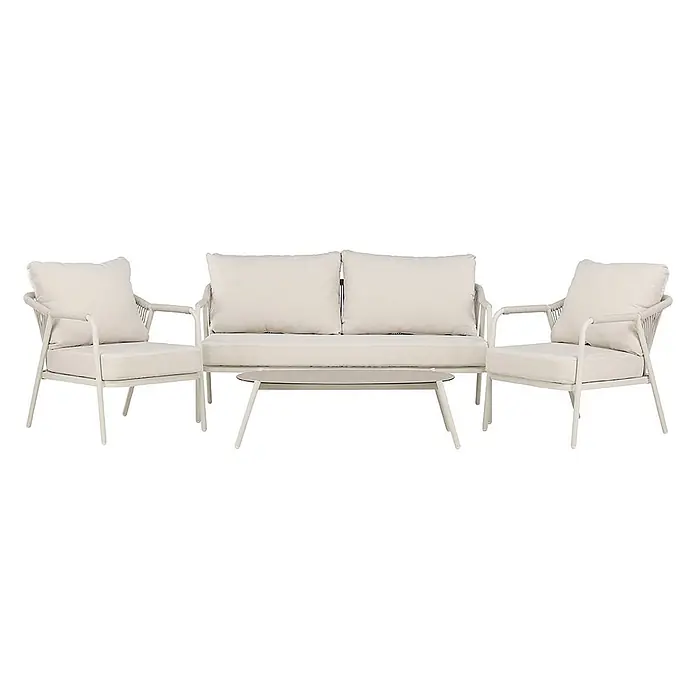 Ebuy24 Loungemöbel-Set Sicily - 4 -tlg., Aluminium, Beige - Cremefarbene Outdoor-Lounge-Sitzgruppe mit zwei Sesseln, Zweisitzer-Sofa und Couchtisch, mit Seildetails.