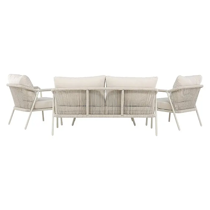 Ebuy24 Loungemöbel-Set Sicily - 4 -tlg., Aluminium, Beige - Cremefarbenes Outdoor-Sofa und zwei Sessel mit geflochtenen Seillehnen und hellen Metallrahmen, mit Plüschkissen.
