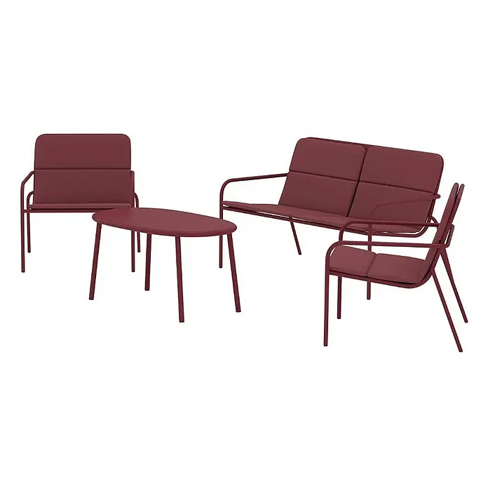 Ebuy24 Loungemöbel-Set Fourni - 2 -tlg., Stahl, Bordeaux - Bordeauxrotes Outdoor-Möbelset aus Metall: ein Sofa, zwei Stühle und ein ovaler Tisch.