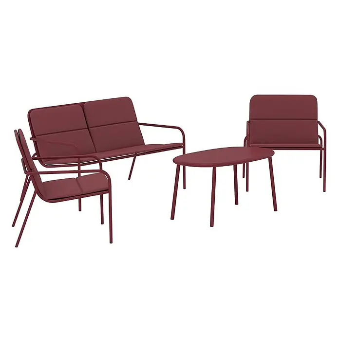 Ebuy24 Loungemöbel-Set Fourni - 2 -tlg., Stahl, Bordeaux - Bordeauxrotes Outdoor-Loungeset: 2-Sitzer-Sofa, zwei Sessel und ovaler Couchtisch mit Polstern.