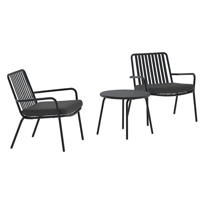 Ebuy24 Loungemöbel-Set Mykonos - 3 -tlg., Stahl, Schwarz - Schwarzes Outdoor-Lounge-Set mit zwei Latten-Sesseln und rundem Beistelltisch, alle mit schwarzen Metallrahmen und Kissen.