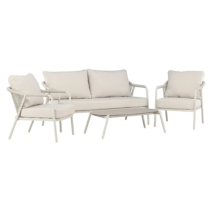 Ebuy24 Loungemöbel-Set Sicily - 4 -tlg., Aluminium, Beige - Beigefarbenes Outdoor-Lounge-Set mit zwei Sesseln, einem Zweisitzer-Sofa und einem ovalen Couchtisch, mit Seildetails und hellen Kissen.