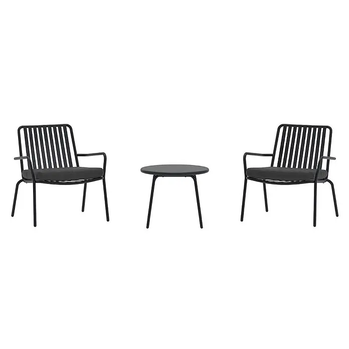 Ebuy24 Loungemöbel-Set Mykonos - 3 -tlg., Stahl, Schwarz - Schwarzes Outdoor-Bistro-Set aus Metall mit zwei Stühlen und einem runden Tisch, mit dunkelgrauen Polstern und Tischplatte.