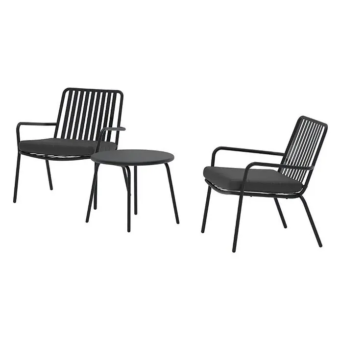 Ebuy24 Loungemöbel-Set Mykonos - 3 -tlg., Stahl, Schwarz - Zwei schwarze Metall-Gartenstühle mit schwarzen Kissen und einem passenden runden Beistelltisch.