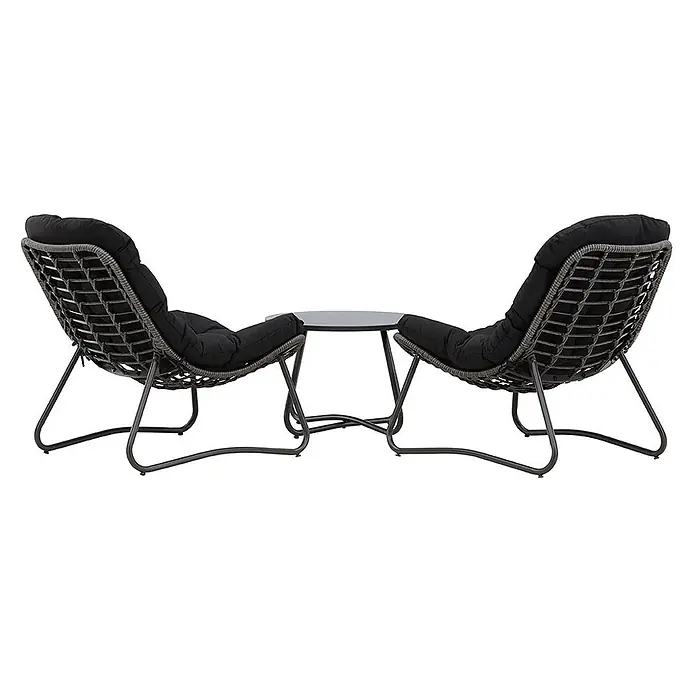 Ebuy24 Loungemöbel-Set Cala - 3 -tlg., Stahl, Anthrazit - Outdoor-Set mit zwei grauen Geflechtstühlen, schwarzen Kissen und kleinem rundem dunklem Tisch. Dunkle Metallbeine.