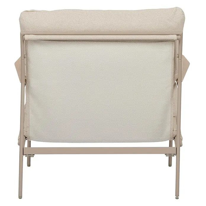 Ebuy24 Loungemöbel-Set Madison - 3 -tlg., Nonwood, Olefin, PE-Kunststoff, Polyester, Stahl, Beige - Rückansicht eines beigefarbenen Outdoor-Sessels mit Metallrahmen und weicher Stoffpolsterung.