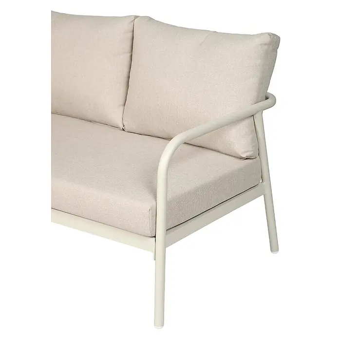 Ebuy24 Loungemöbel-Set Olga - 3 -tlg., Aluminium, Glas, Polyester, TPU, Beige - Nahaufnahme eines hellbeigen Zweisitzer-Outdoor-Sofas mit passenden Stoffpolstern und hellem Metallgestell.