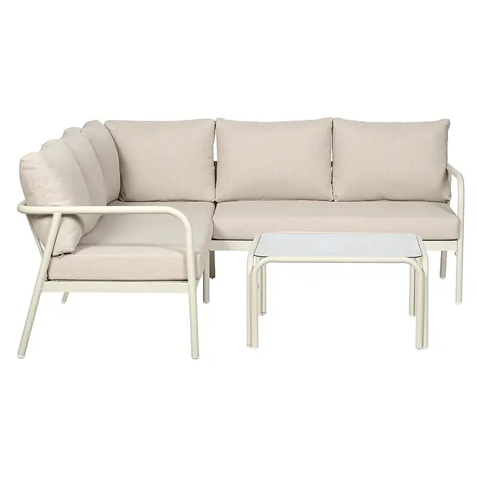 Ebuy24 Loungemöbel-Set Olga - 3 -tlg., Aluminium, Glas, Polyester, TPU, Beige - L-förmiges Outdoor-Sofa mit hellbeigen Kissen und passendem Gestell, dazu ein kleiner rechteckiger Couchtisch mit Glasplatte.