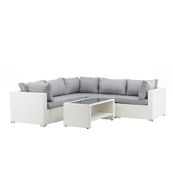 Ebuy24 Loungemöbel-Set Amazon - 2 -tlg., Aluminium Glas Korbmöbel Polyester Schaum, Grau - Weißes Rattan-Ecksofa mit grauen Kissen und passendem Couchtisch mit Glasplatte.