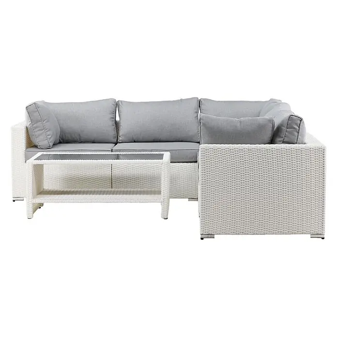 Ebuy24 Loungemöbel-Set Amazon - 2 -tlg., Aluminium Glas Korbmöbel Polyester Schaum, Grau - Weißes Rattan-Ecksofa-Set mit hellgrauen Kissen und passendem Couchtisch mit Glasplatte für den Außenbereich.