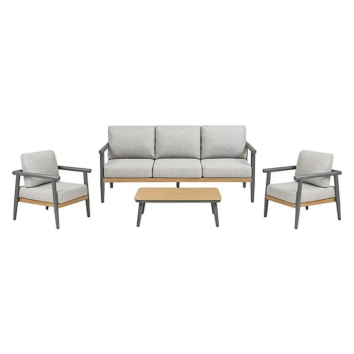 Ebuy24 Loungemöbel-Set Camilla - 4 -tlg., Nonwood (PE), Aluminium, Polyester, Graubeige - Outdoor-Lounge-Set: hellgraue Kissen, helles Holz, dunkelgraues Metallgestell. Mit Sofa, 2 Sesseln, Couchtisch.