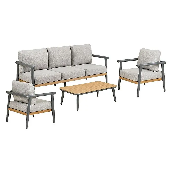 Ebuy24 Loungemöbel-Set Camilla - 4 -tlg., Nonwood (PE), Aluminium, Polyester, Graubeige - Outdoor-Lounge-Set: Graues Metallgestell, helle Holzdetails, hellgraue Kissen. Besteht aus 3er-Sofa, zwei Sesseln und Couchtisch.